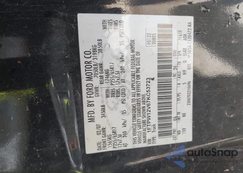 2007 Ford F-150 Lariat/Xlt z USA, uszkodzony, nr VIN 1FTPW12V67KC53723